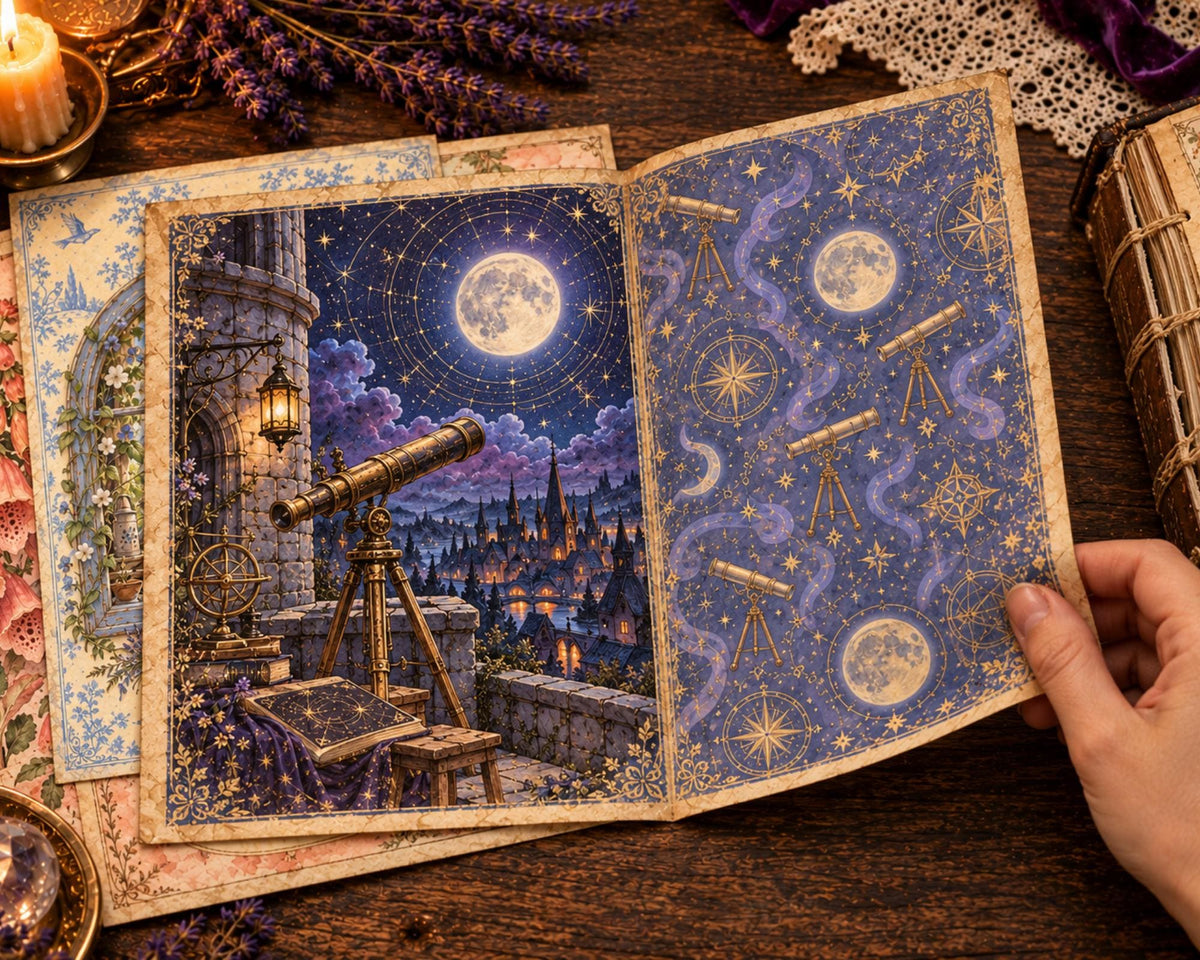 Witchy Junk Journal Pages – Printable Old Witch Landscape Spreads
