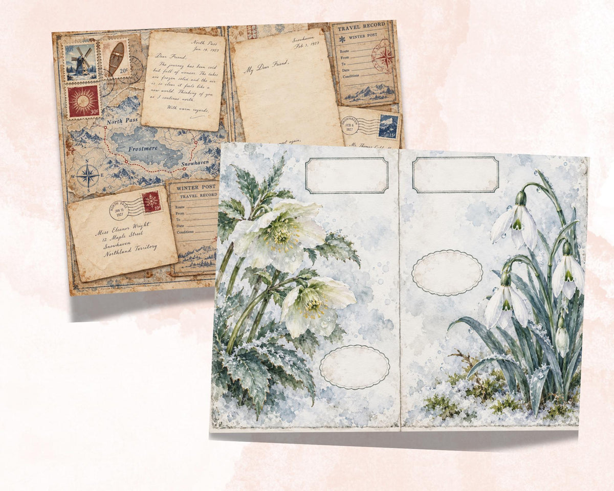 Winter Junk Journal Pages – Printable Snowy Landscape Spreads