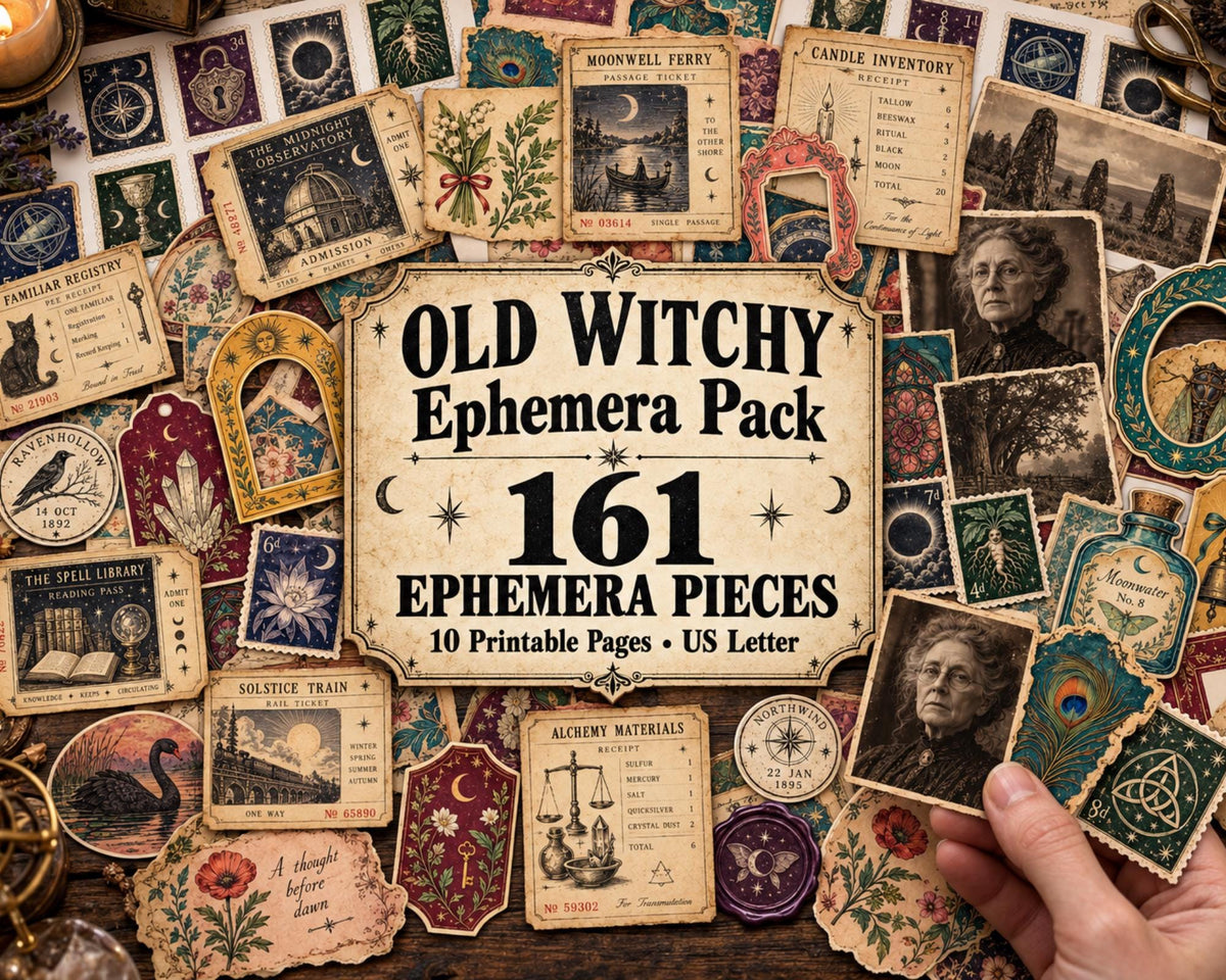 Witchy Ephemera Pack – 161 Printable Vintage Witch Pieces for Junk Journal