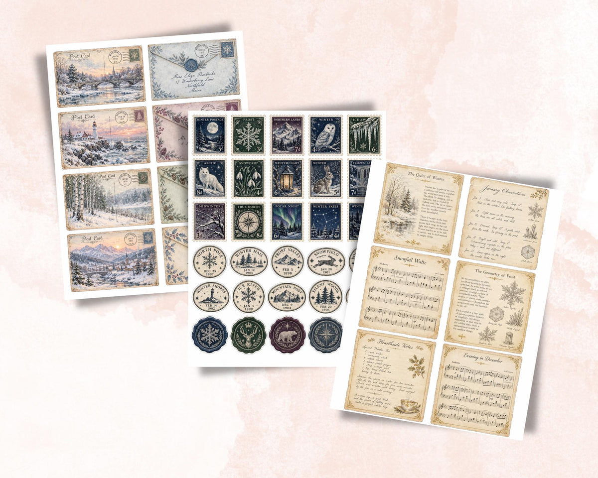 Winter Ephemera Pack – 161 Printable Vintage Snowy Pieces for Junk Journal