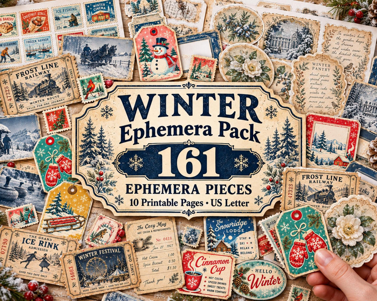 Winter Ephemera Pack – 161 Printable Vintage Snowy Pieces for Junk Journal