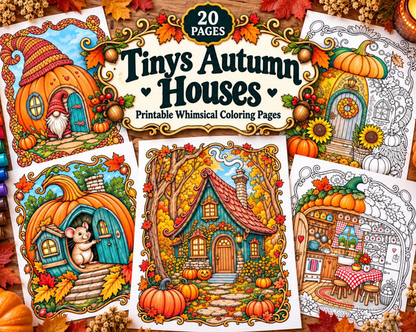 Autumn Houses Coloring Pages, 20 Printable Fall Cottage Coloring Sheets, Whimsical Mushroom and Pumpkin Homes, PDF Download