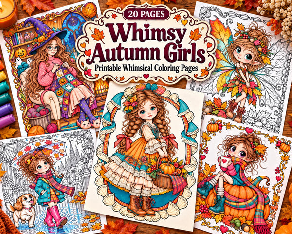 Autumn Girls Coloring Pages, 20 Printable Whimsical Fall Coloring Sheets, Fantasy Girls with Leaves and Pumpkins, PDF Download
