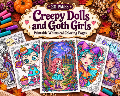 Goth Girls Coloring Pages, 20 Printable Creepy Doll Coloring Sheets, Gothic Halloween Fantasy for Adults, PDF Download