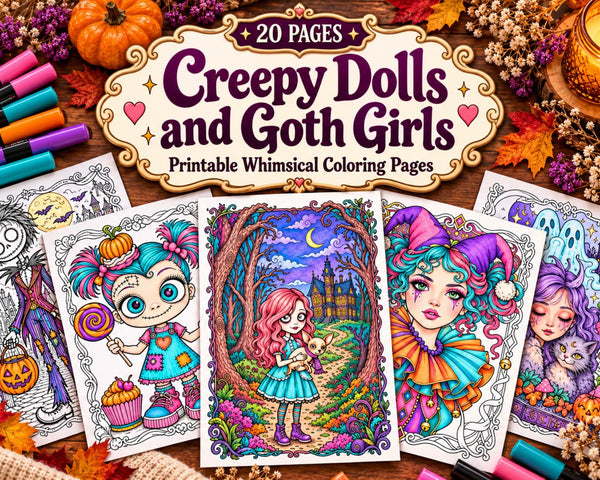 Goth Girls Coloring Pages, 20 Printable Creepy Doll Coloring Sheets, Gothic Halloween Fantasy for Adults, PDF Download