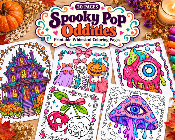 Spooky Oddities Coloring Pages, 20 Printable Pop Halloween Coloring Sheets, Haunted Houses, Skulls and Mushrooms, PDF Download