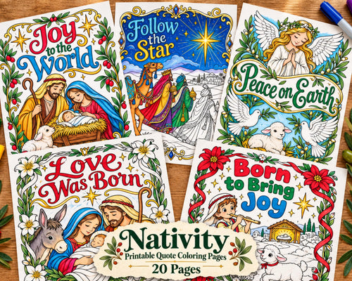 Nativity Coloring Pages, 20 Printable Christian Christmas Coloring Sheets, Manger Scenes and Holiday Carol Quotes, PDF Download