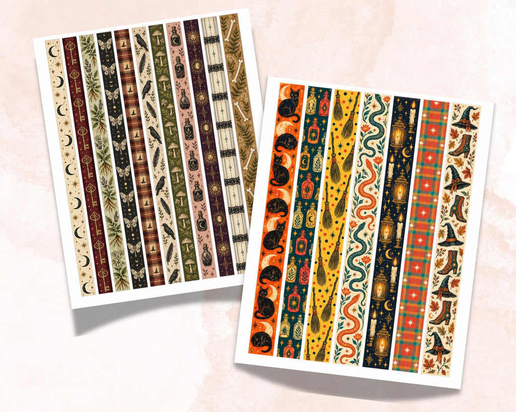Printable Witchy Washi Tape – 45 Vintage Halloween Washi Strips for Junk Journal