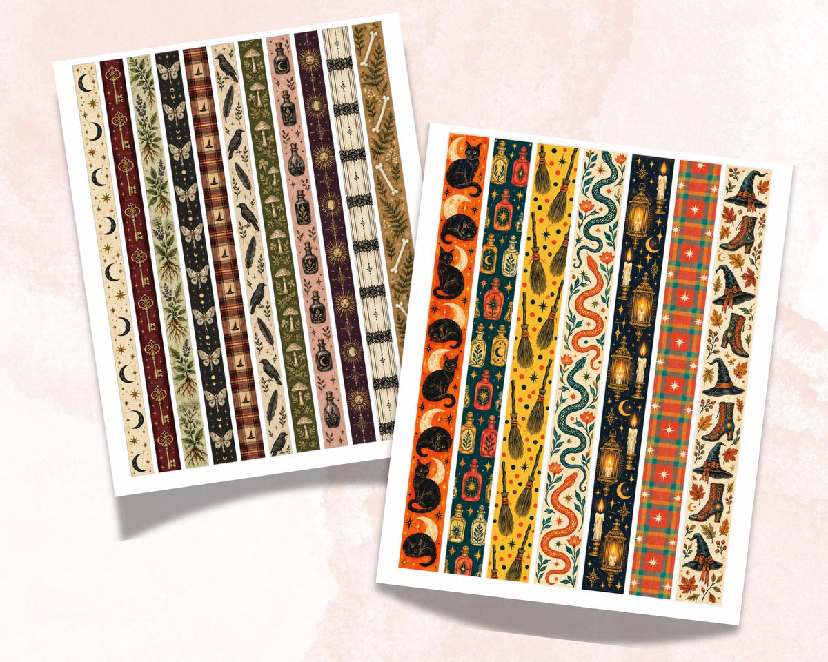 Printable Witchy Washi Tape – 45 Vintage Halloween Washi Strips for Junk Journal