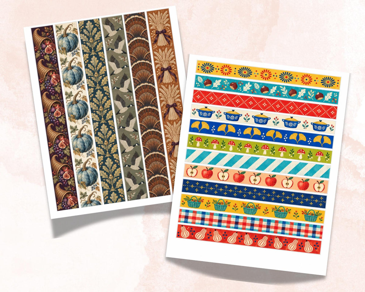 Printable Thanksgiving Washi Tape – 46 Fall Harvest Washi Strips for Junk Journal