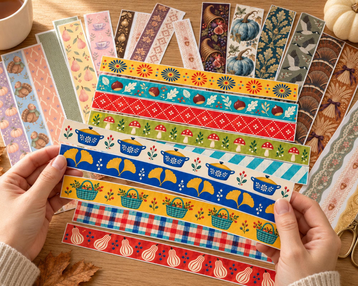 Printable Thanksgiving Washi Tape – 46 Fall Harvest Washi Strips for Junk Journal