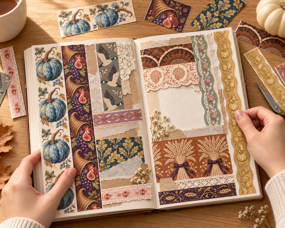 Printable Thanksgiving Washi Tape – 46 Fall Harvest Washi Strips for Junk Journal