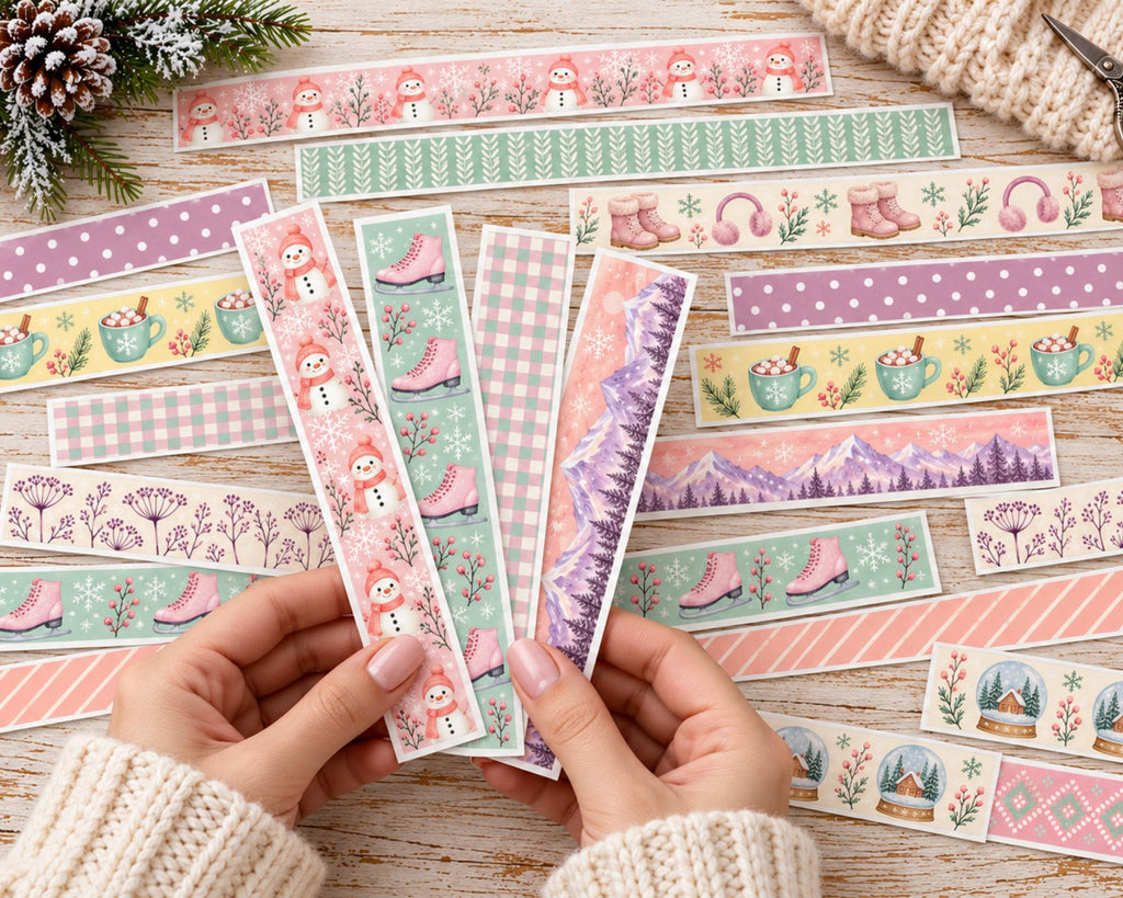 Printable Winter Washi Tape – 45 Snowy Washi Strips for Junk Journal