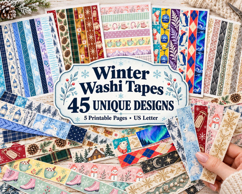Printable Winter Washi Tape – 45 Snowy Washi Strips for Junk Journal