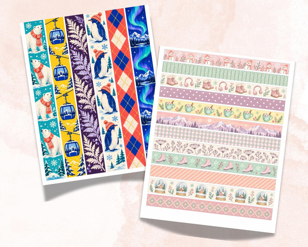 Printable Winter Washi Tape – 45 Snowy Washi Strips for Junk Journal