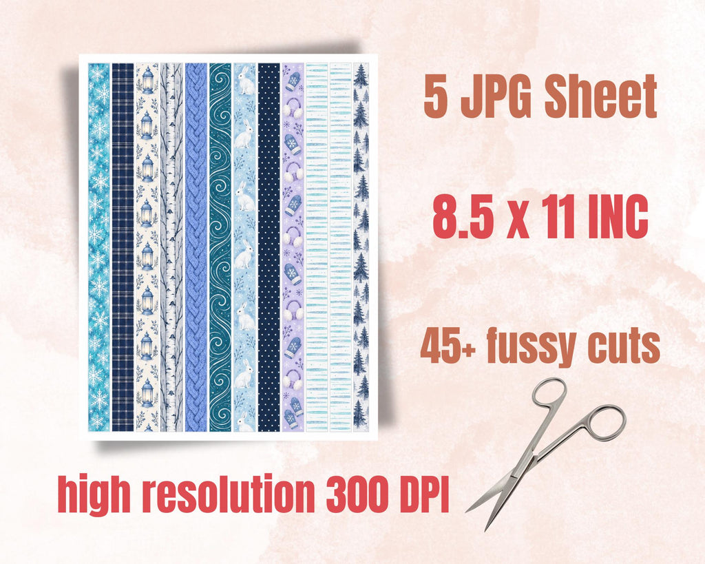 Printable Winter Washi Tape – 45 Snowy Washi Strips for Junk Journal