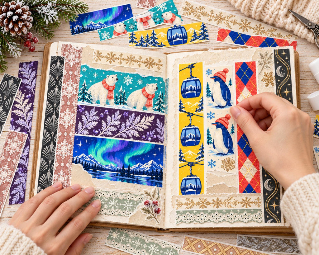 Printable Winter Washi Tape – 45 Snowy Washi Strips for Junk Journal