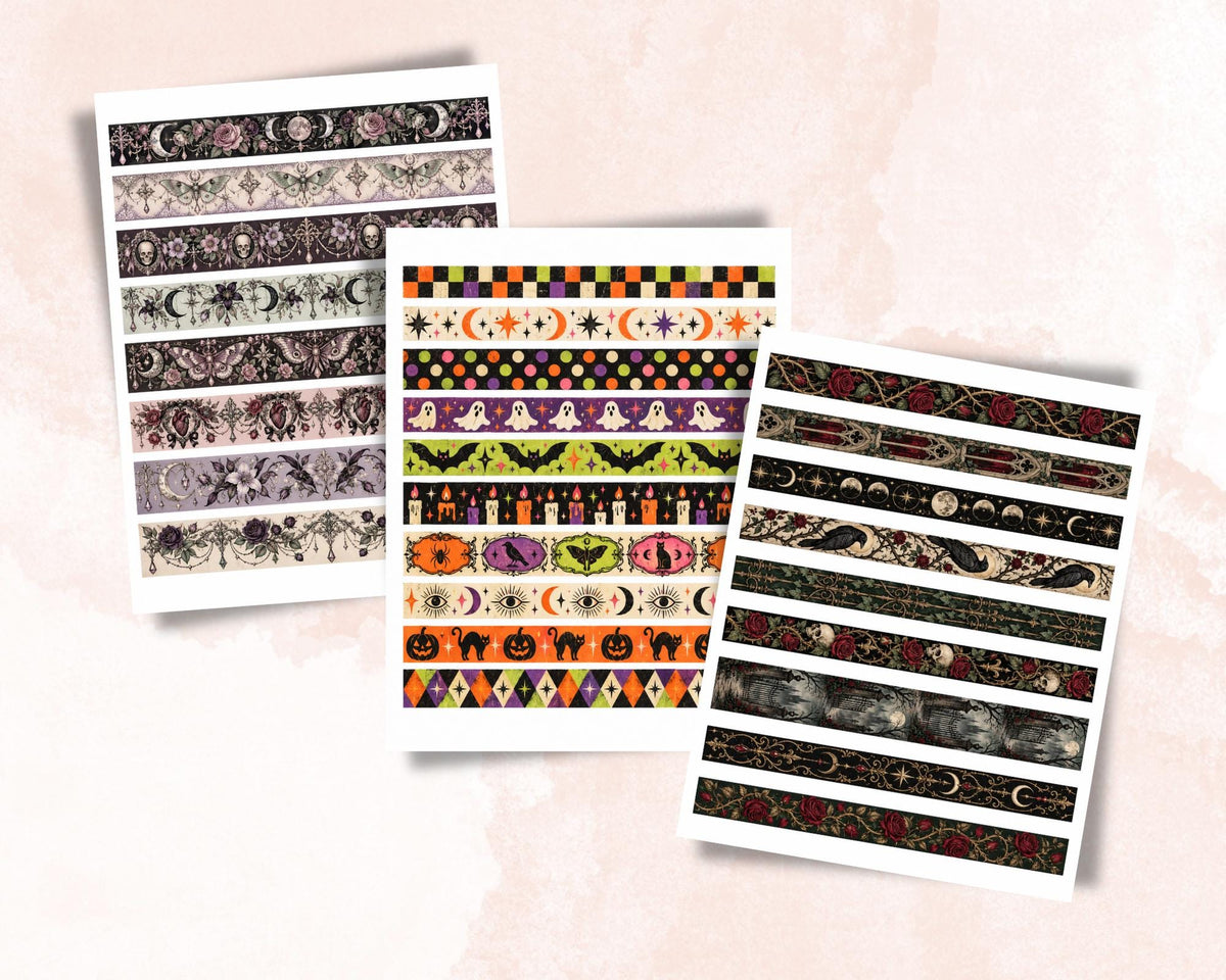 Printable Gothic Washi Tape – 47 Dark Victorian Spooky Washi Strips for Junk Journal & Grimoire