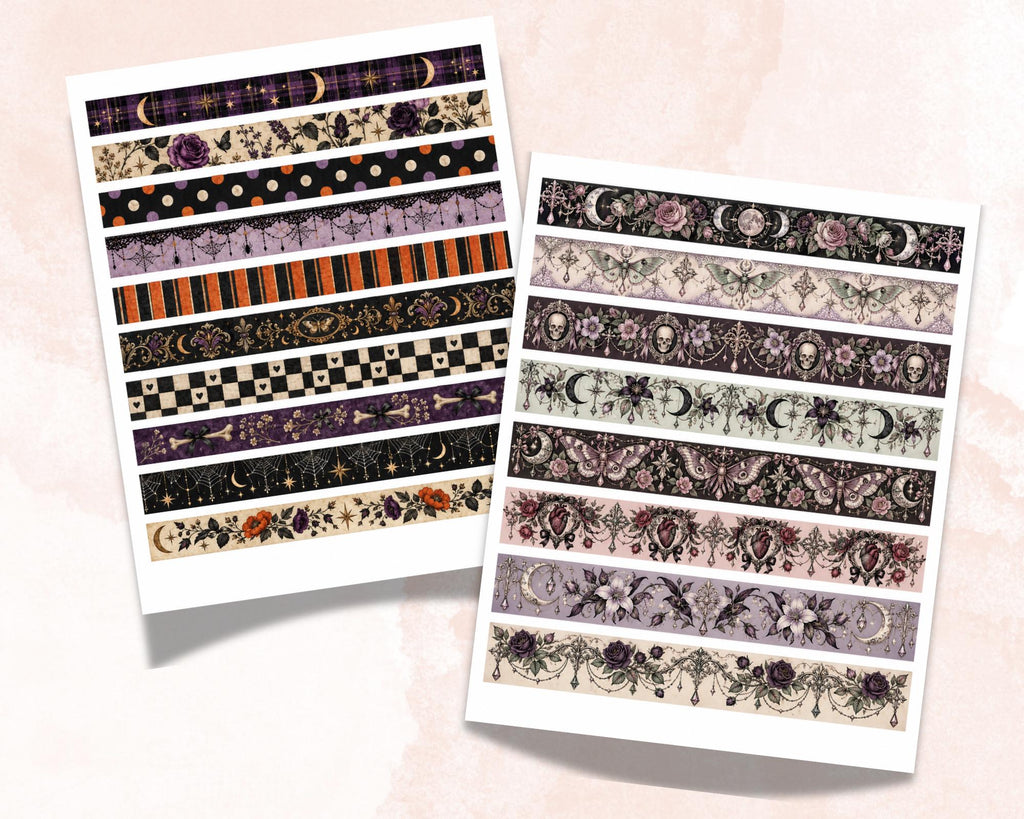 Printable Gothic Washi Tape – 47 Dark Victorian Spooky Washi Strips for Junk Journal & Grimoire