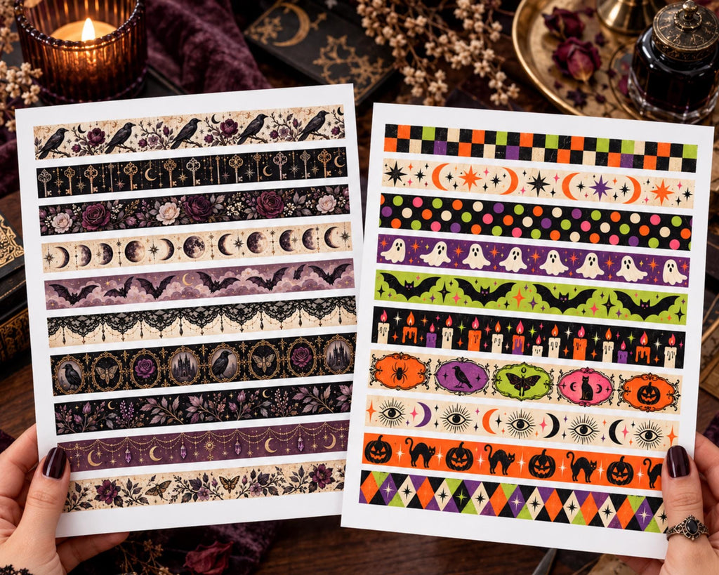 Printable Gothic Washi Tape – 47 Dark Victorian Spooky Washi Strips for Junk Journal & Grimoire