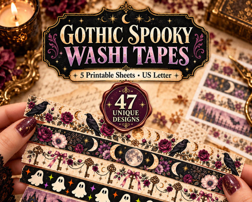 Printable Gothic Washi Tape – 47 Dark Victorian Spooky Washi Strips for Junk Journal & Grimoire