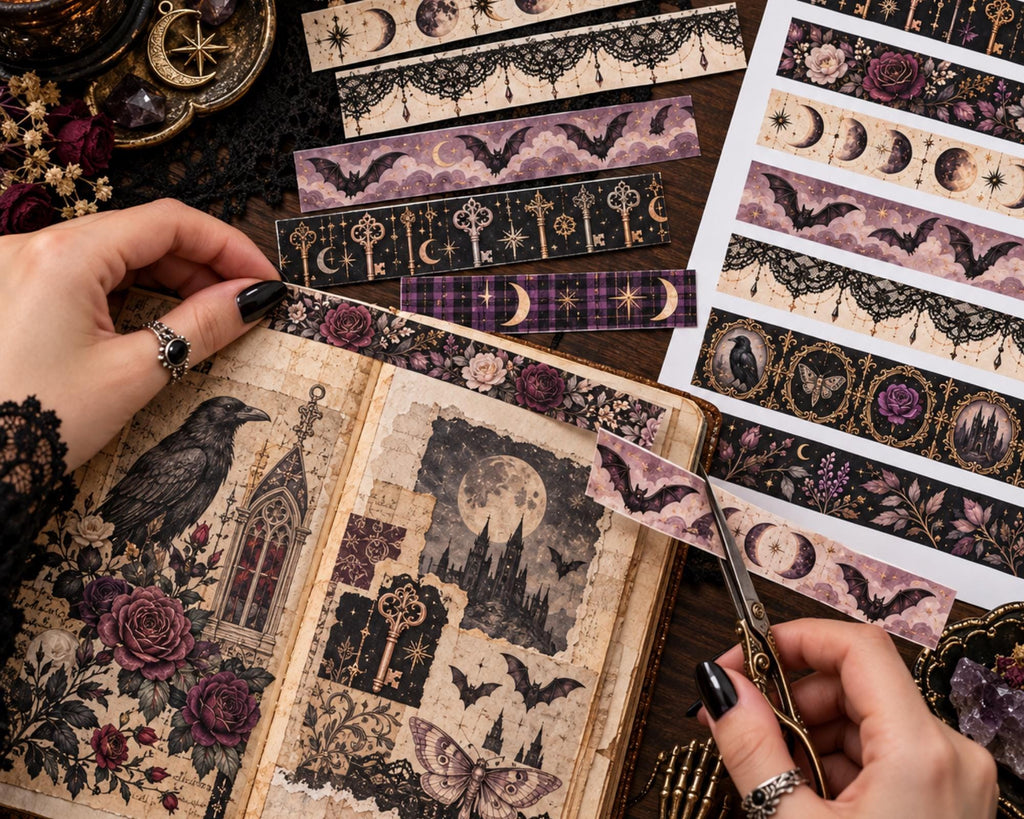 Printable Gothic Washi Tape – 47 Dark Victorian Spooky Washi Strips for Junk Journal & Grimoire