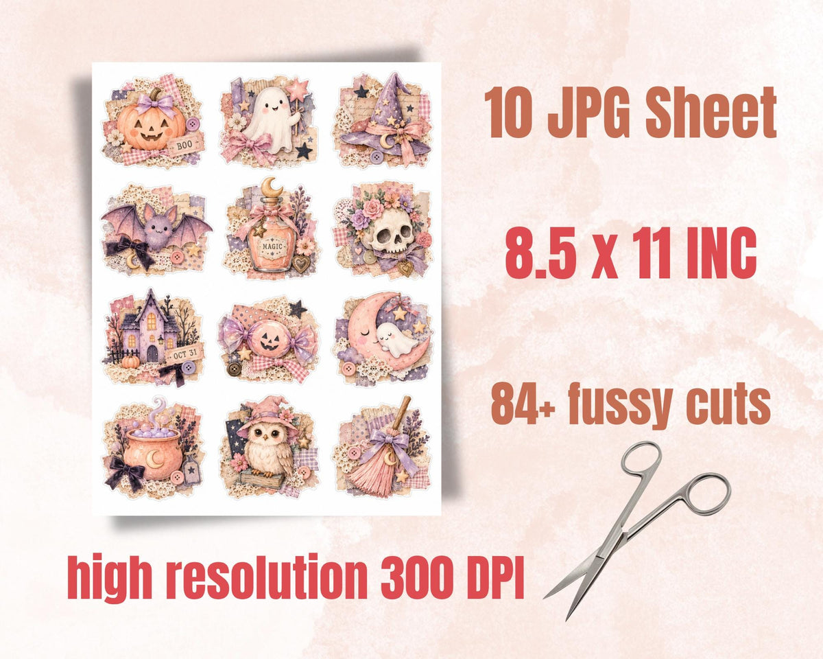 Pastel Halloween Ephemera Clusters – 84 Printable Pink Spooky Snippets for Junk Journal