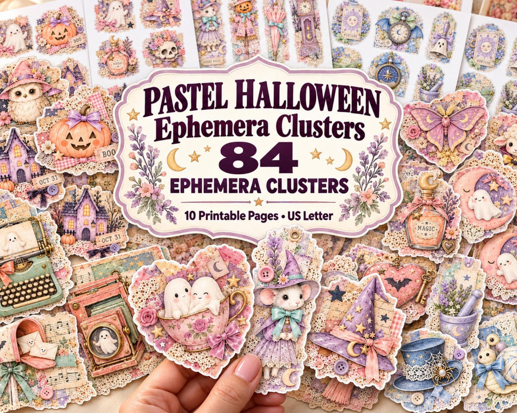 Pastel Halloween Ephemera Clusters – 84 Printable Pink Spooky Snippets for Junk Journal
