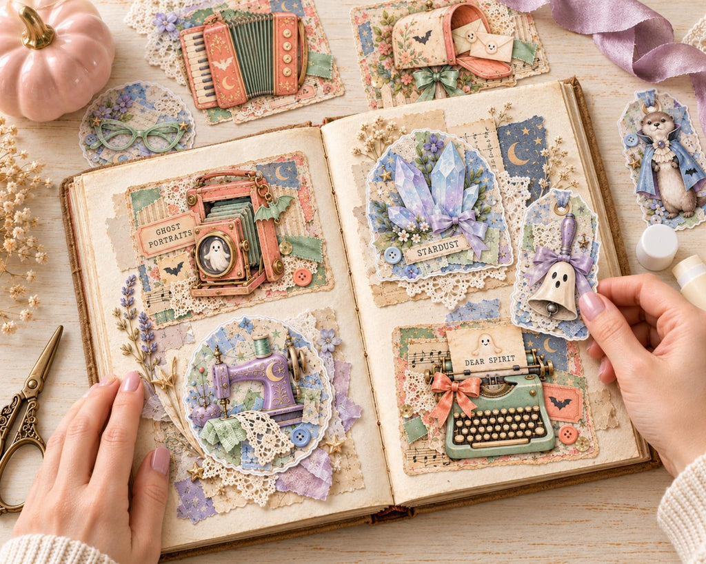 Pastel Halloween Ephemera Clusters – 84 Printable Pink Spooky Snippets for Junk Journal