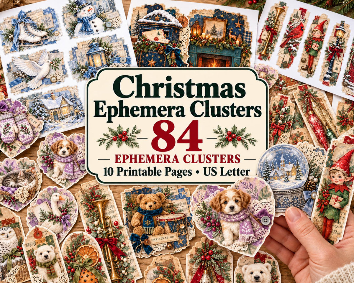 Christmas Ephemera Clusters – 84 Printable Vintage Holiday Snippets for Junk Journal