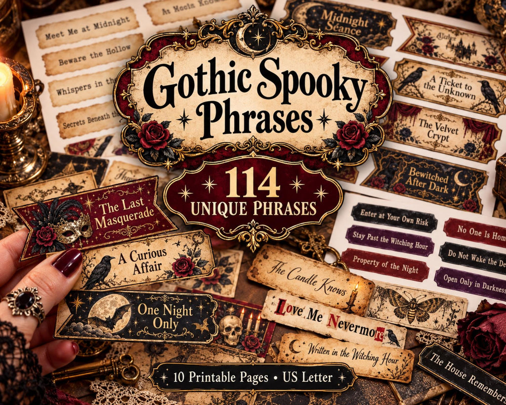 Gothic Phrases for Junk Journal – 114 Printable Spooky Word Strips