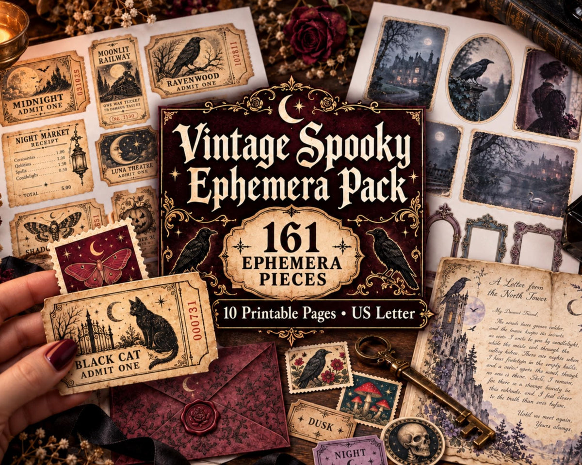Vintage Spooky Ephemera Pack – 161 Printable Halloween Pieces for Junk Journal