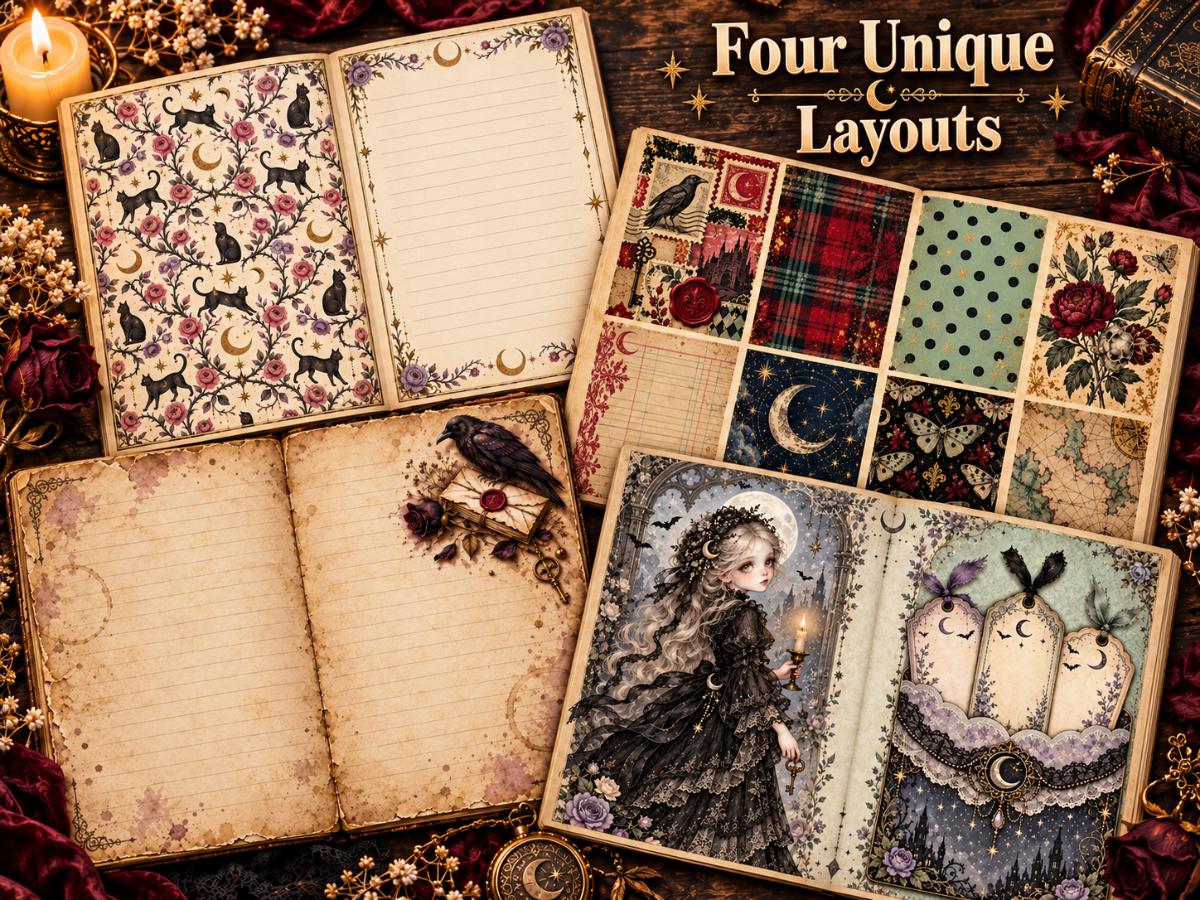 Gothic Junk Journal Pages – Printable Spooky Landscape Spreads