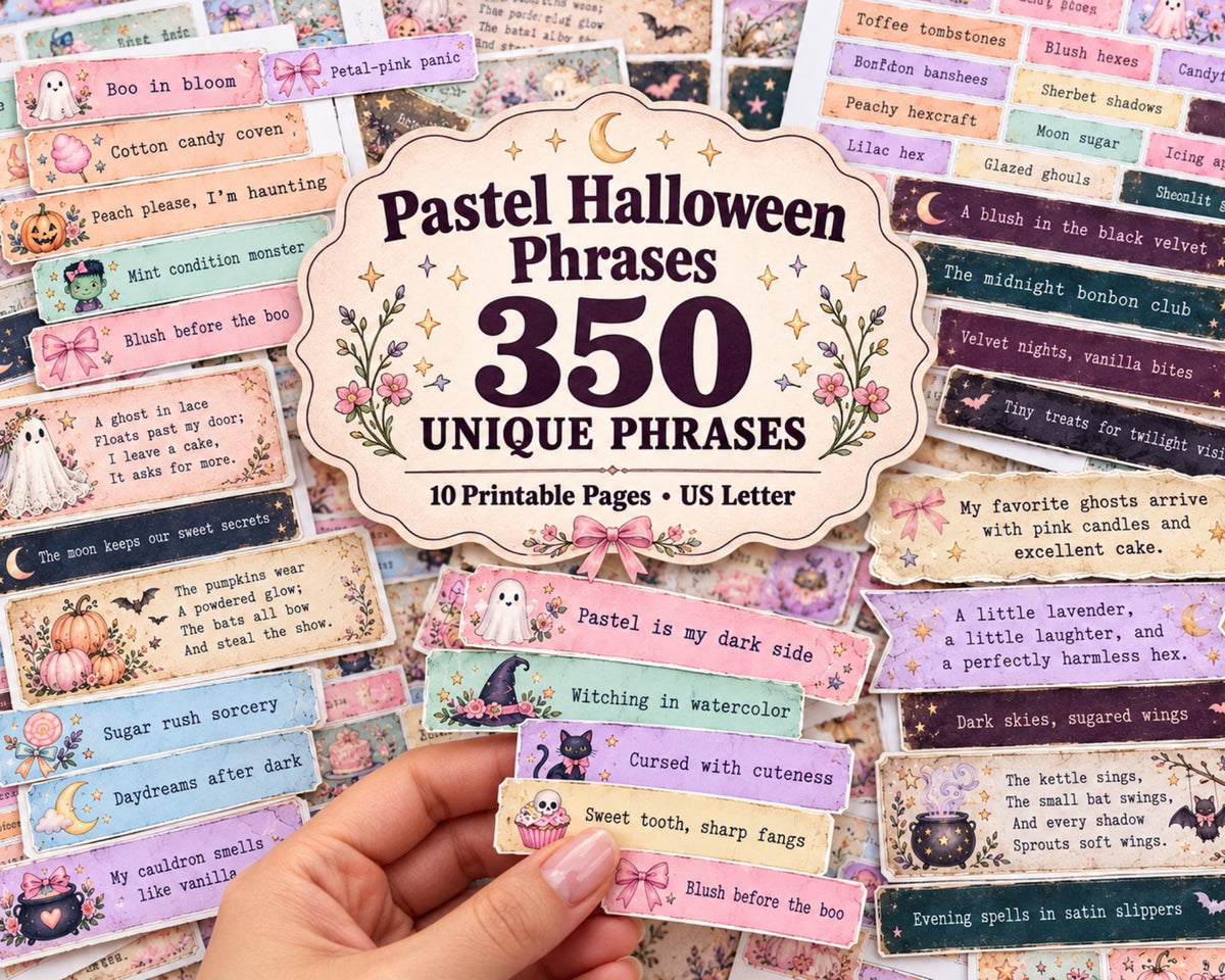 Pastel Halloween Phrases – 350 Printable Spooky Word Strips for Junk Journal