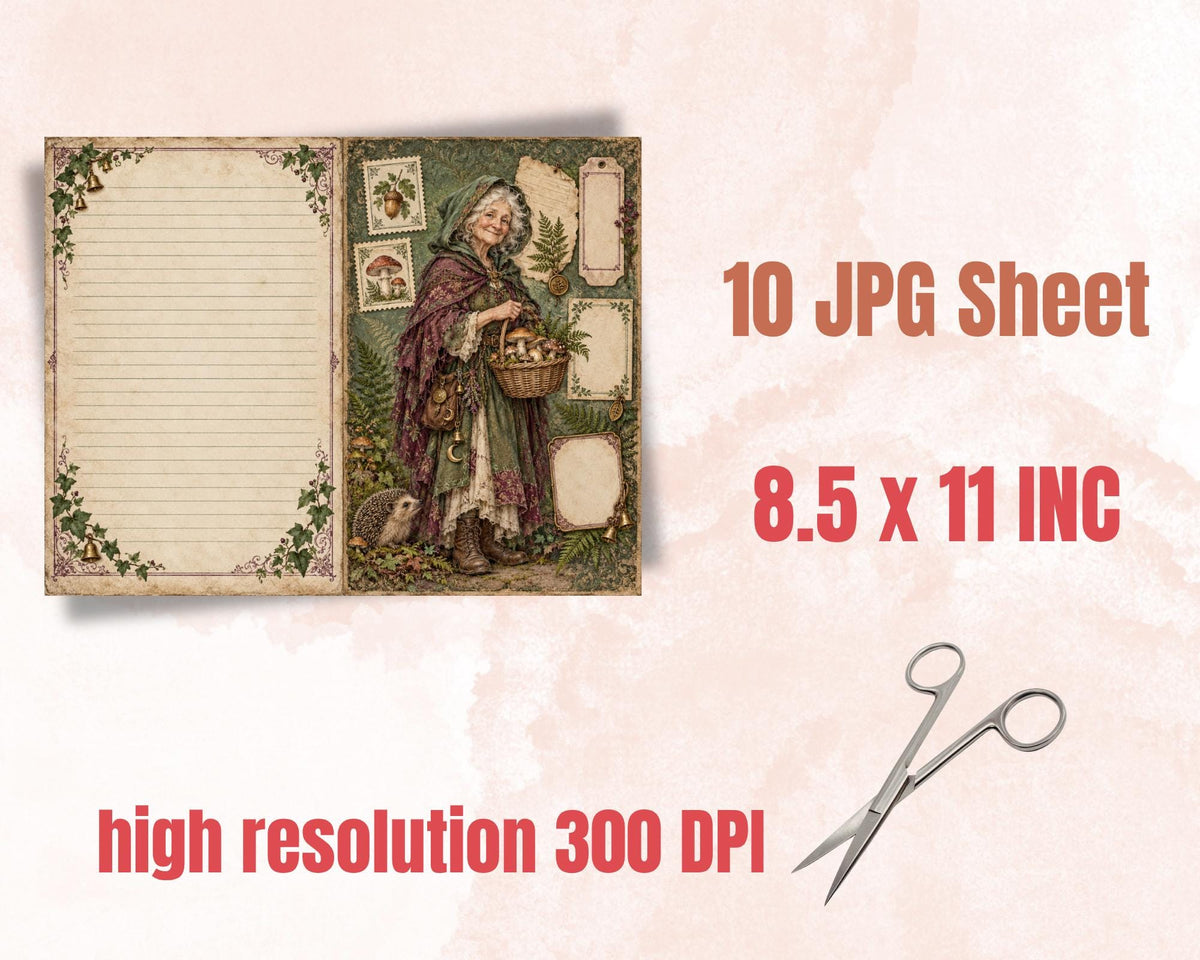 Witchy Junk Journal Pages – Printable Old Witch Landscape Spreads