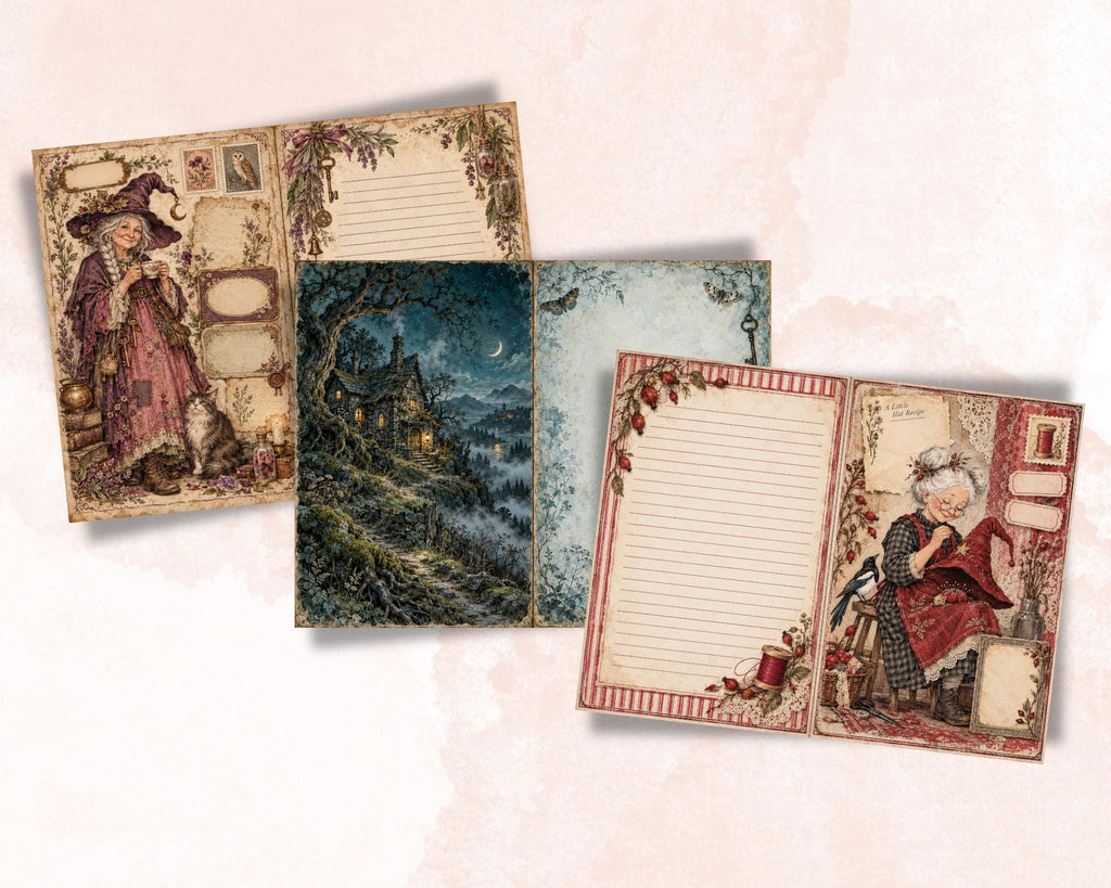Witchy Junk Journal Pages – Printable Old Witch Landscape Spreads