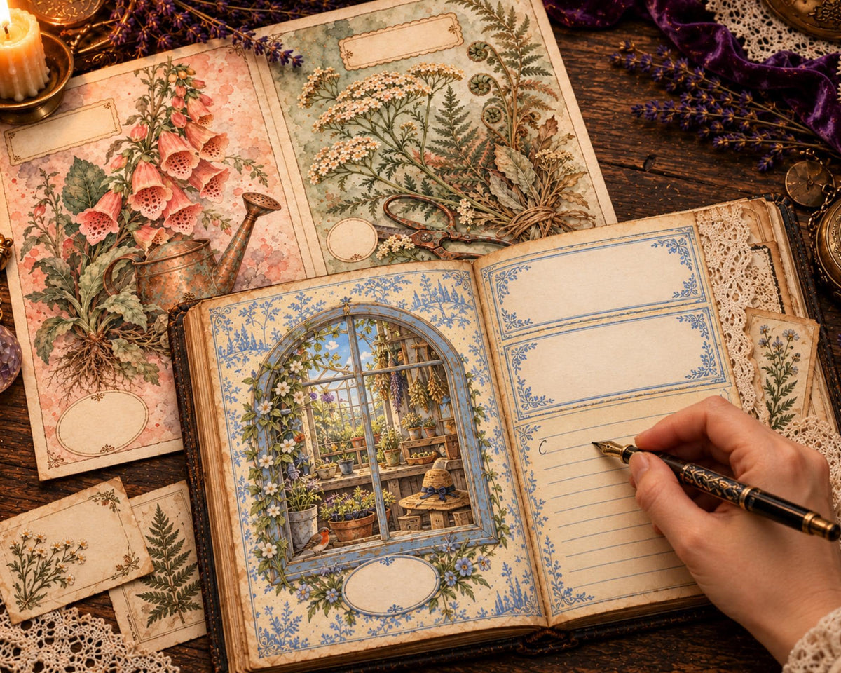 Witchy Junk Journal Pages – Printable Old Witch Landscape Spreads