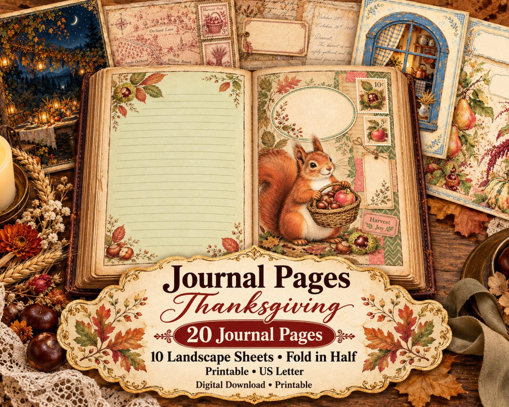 Thanksgiving Junk Journal Pages – Printable Harvest Landscape Spreads