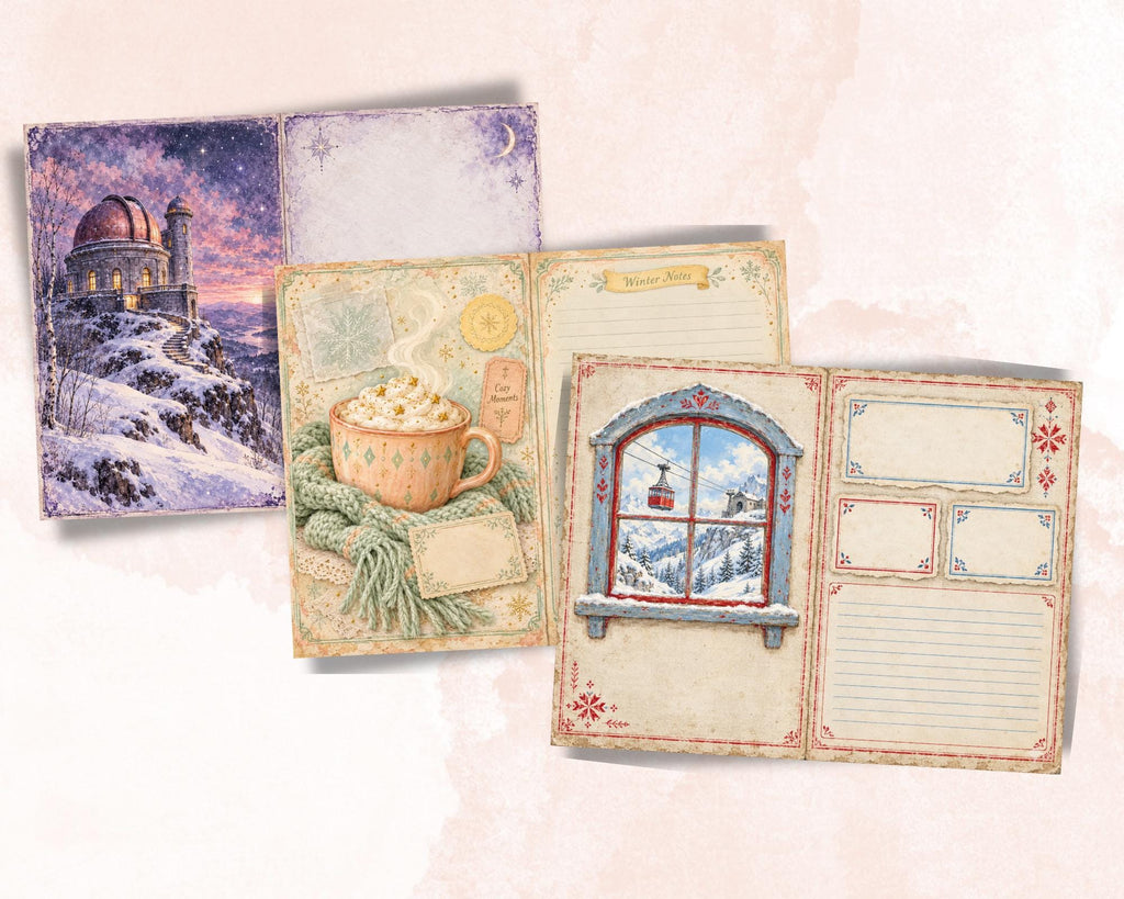 Winter Junk Journal Pages – Printable Snowy Landscape Spreads
