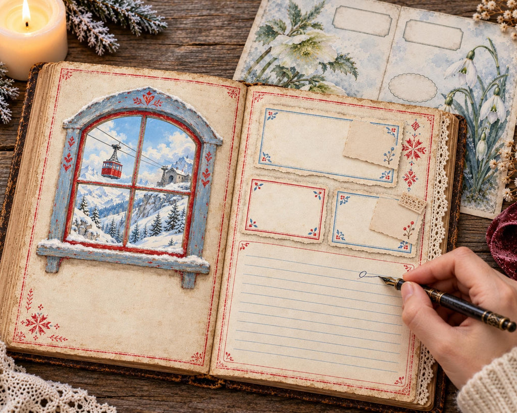 Winter Junk Journal Pages – Printable Snowy Landscape Spreads
