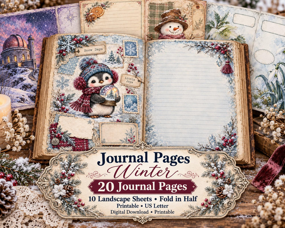 Winter Junk Journal Pages – Printable Snowy Landscape Spreads