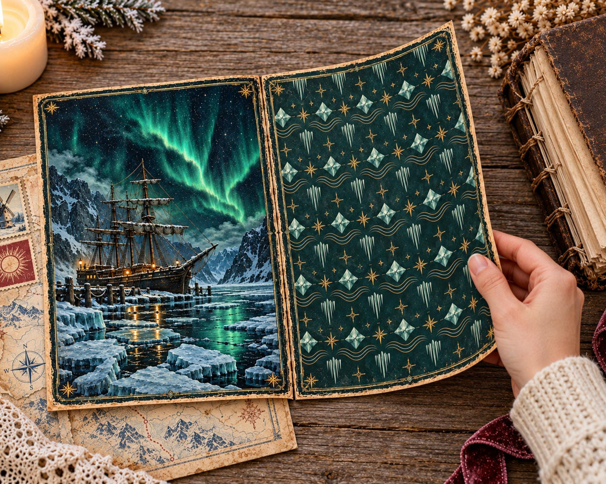 Winter Junk Journal Pages – Printable Snowy Landscape Spreads