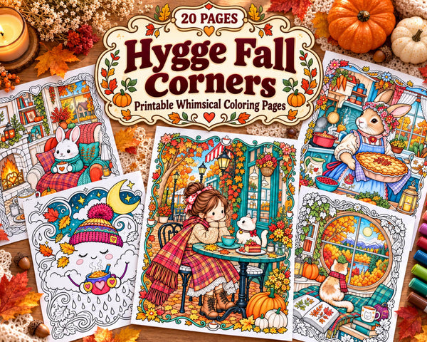 Hygge Coloring Pages, 20 Printable Cozy Fall Corner Coloring Sheets, Autumn Interiors and Snug Spaces, PDF Download