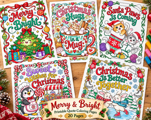 Christmas Quote Coloring Pages, 20 Printable Merry and Bright Holiday Coloring Sheets, Festive Sayings, PDF Download